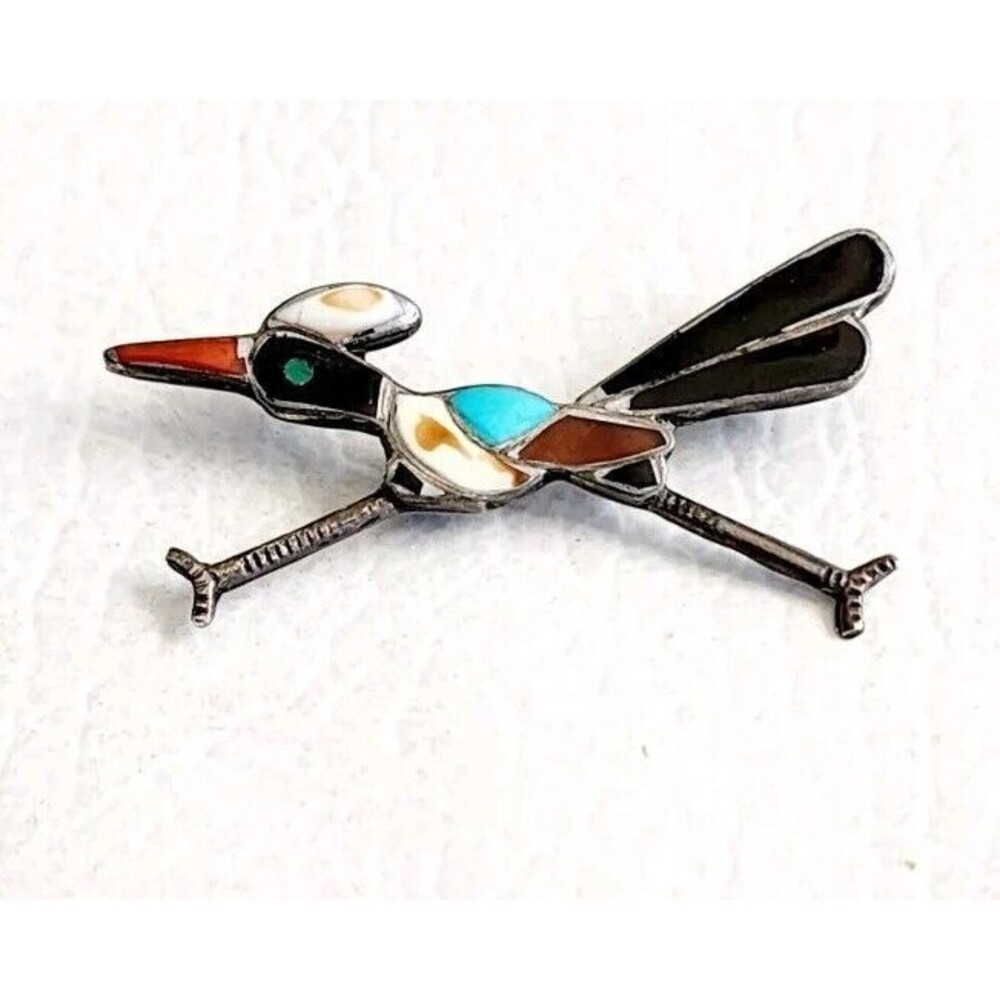 Zuni Inlaid Roadrunner Pin Sterling Multi Stone Estate Jewelry  1.75" 3.17g